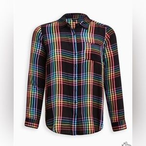 Torrid Black Rainbow Plaid Button Down NWT